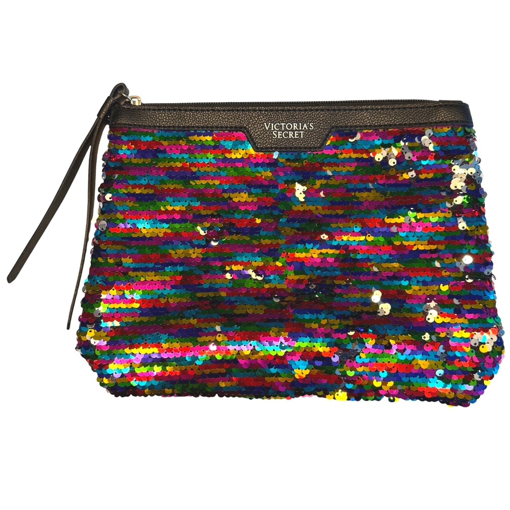 Victoria's Secret Reversible Sequin Wristlet Pouch Rainbow Multicolor Black‎